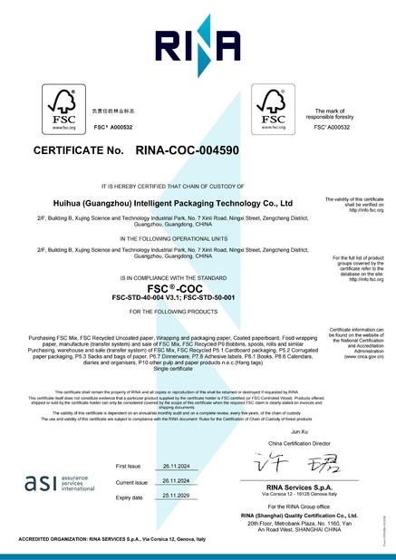 La CINA Guangzhou Huihua Packaging Products Co,.LTD Certificazioni