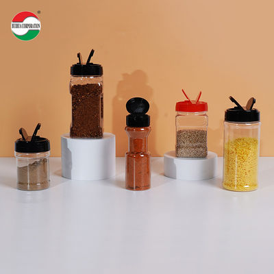 Eco-friendly Flip Top condimento PET barattolo di plastica quadrato rosso / nero condimenti lattine