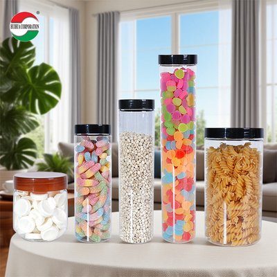 Good Quality Food Grade trasparente di plastica cilindro di plastica può PET barattolo con copertura a vite per dolce dolce dolce cibo biscotti noodles