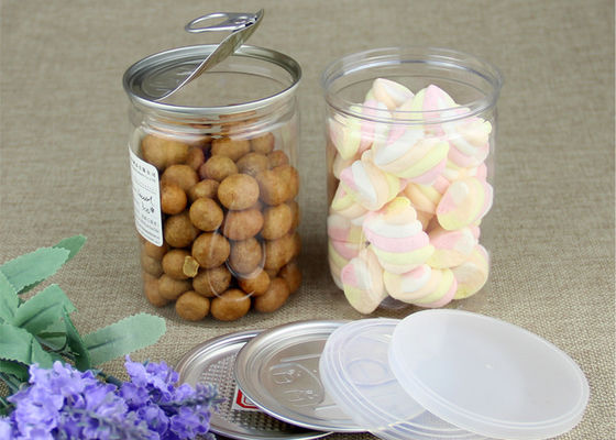 Chiaro barattolo ermetico dell'ANIMALE DOMESTICO con il coperchio aperto facile di alluminio per l'imballaggio spuntini/dell'alimento